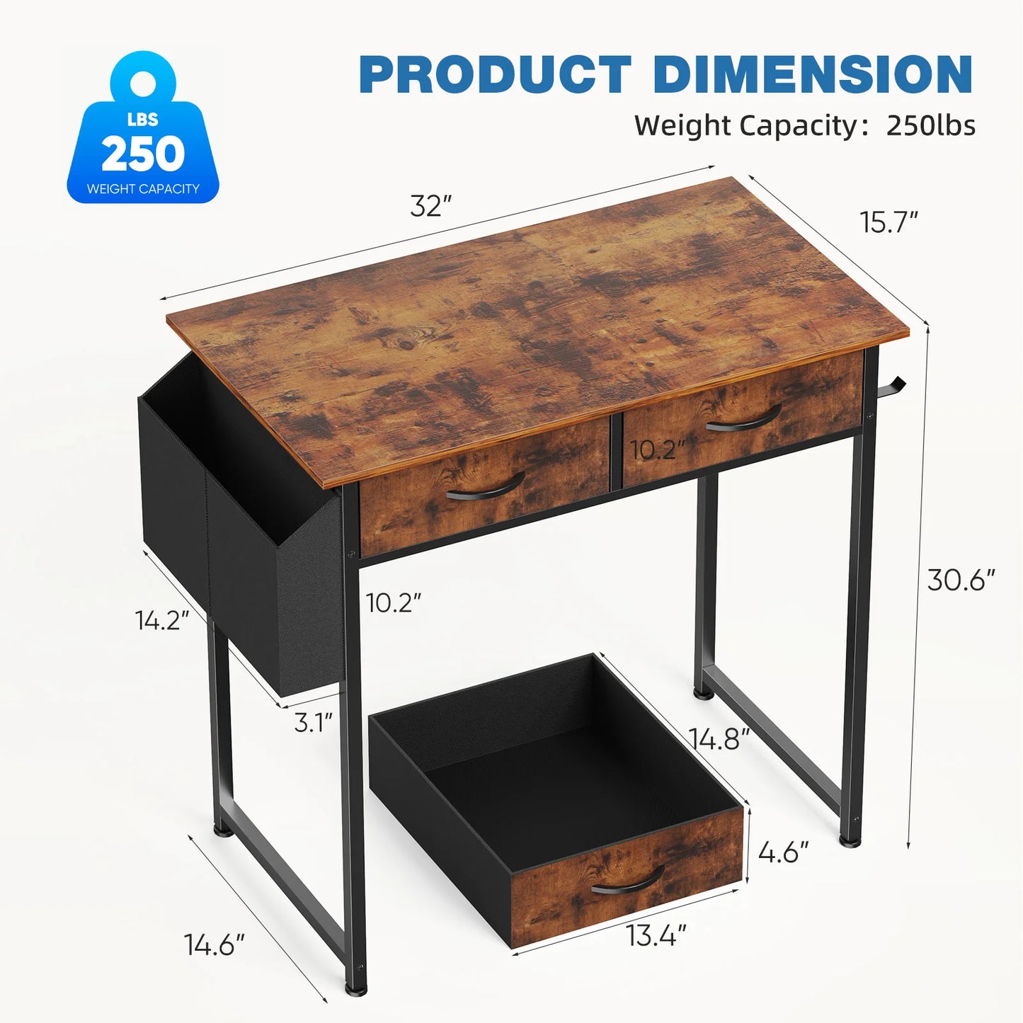 JHK Modern 32 Inch Office Computer Desk With Fabric Storage