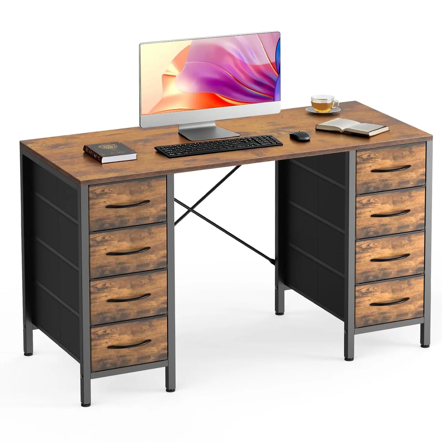 JHK Office Desk With 8 Fabric Drawers And X-Shaped Reinforcement