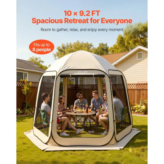Screen House Tent 10 x 9.2 ft Beige 4-8 Person Pop Up Screened Canopy with Netting Sides Ground Stakes Carry Bag for Garden Pat