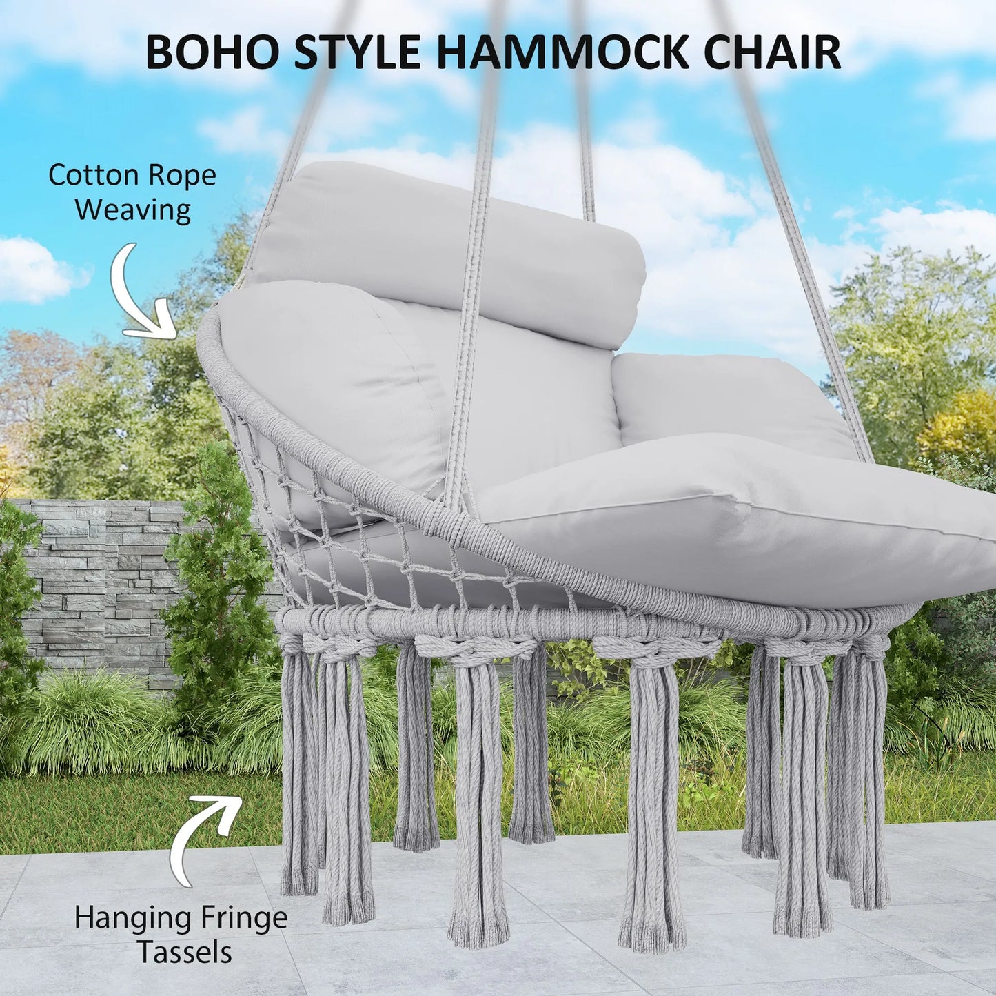None Gray Outdoor Hanging Hammock Chair With Macrame Cushion