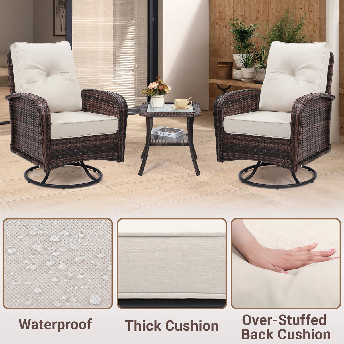 Tuarex Swivel Wicker Chair with Side Table Outdoor Patio Set