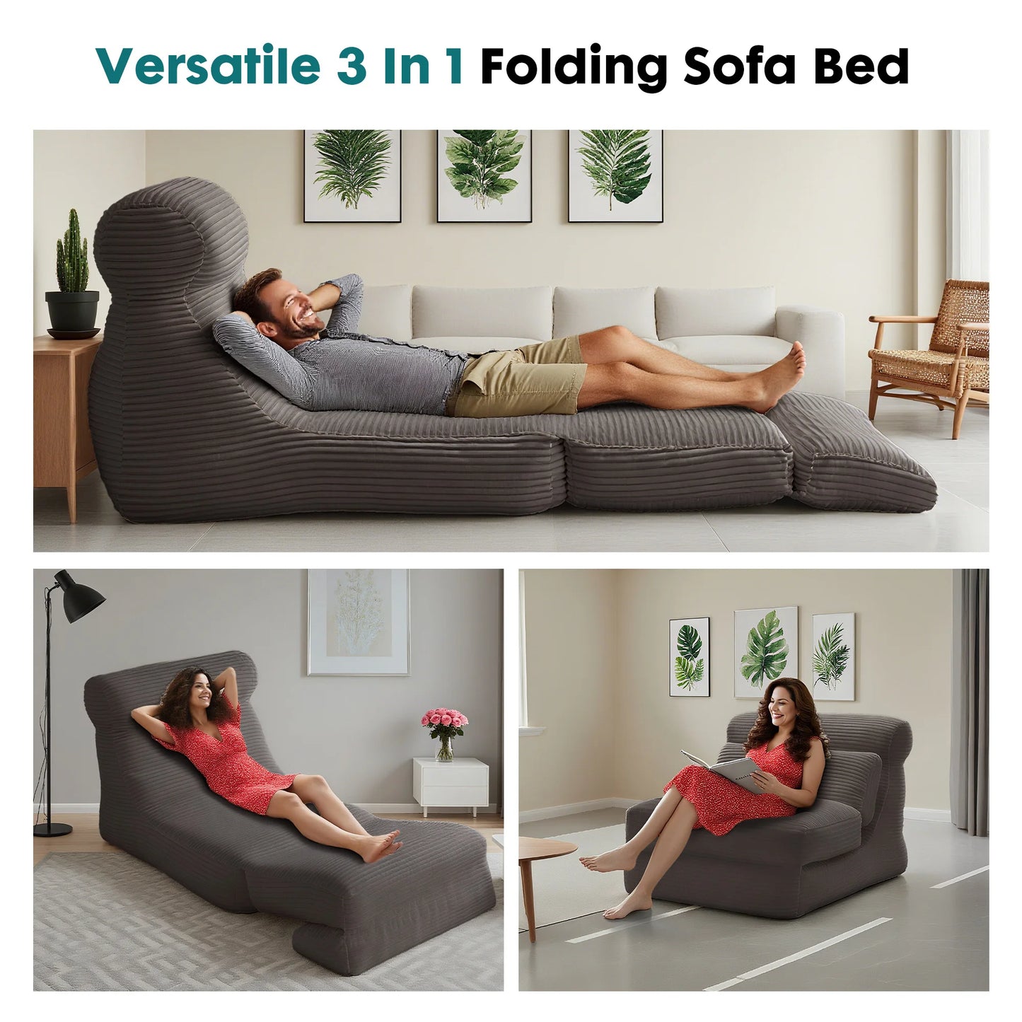 JHK Corduroy Ergonomic Folding Sofa Bed With Lumbar Support