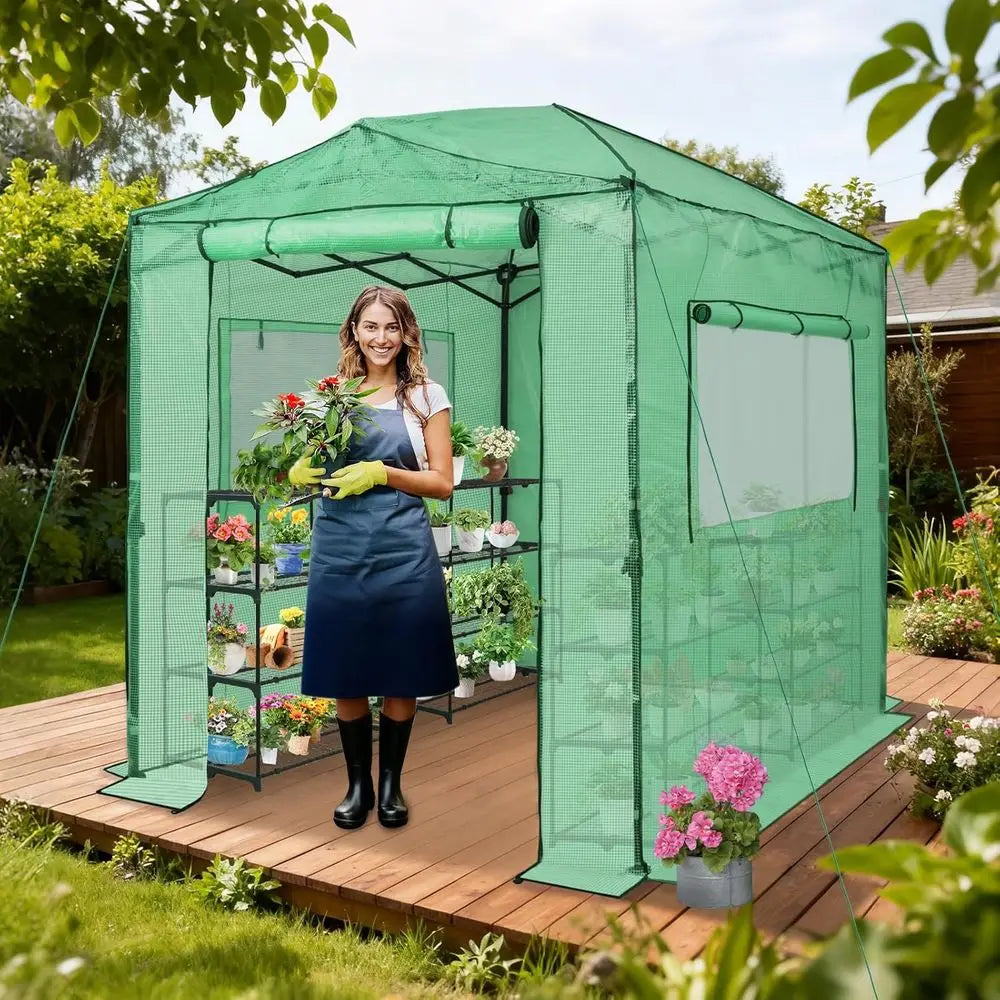 Walk In Greenhouse Kit Portable Garden With Zippered Doors And Windows PE Cover
