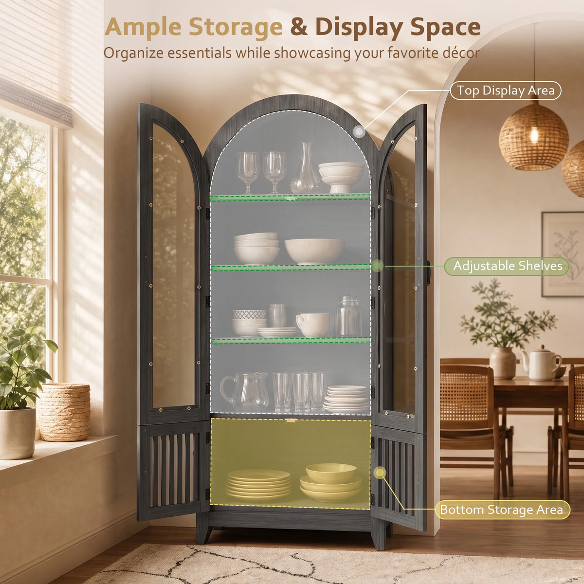TCGBKAF Arched Kitchen Pantry Cabinet With Glass Door And Shelves