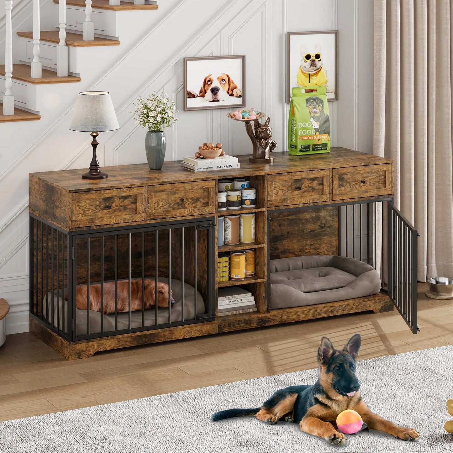 HiMISS Heavy Duty Wooden Dog Crate TV Stand With Drawers