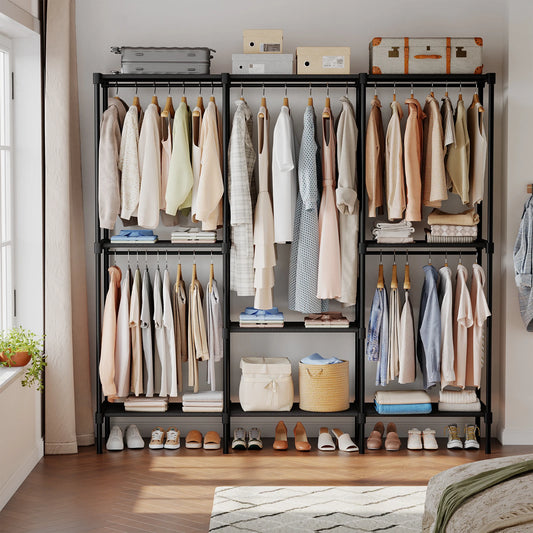 JHK 72IN to 81IN Portable Three Rows Wardrobe Closet with Hanging Rods Clothing Rack with Shelves Mudroom Storage Organizer