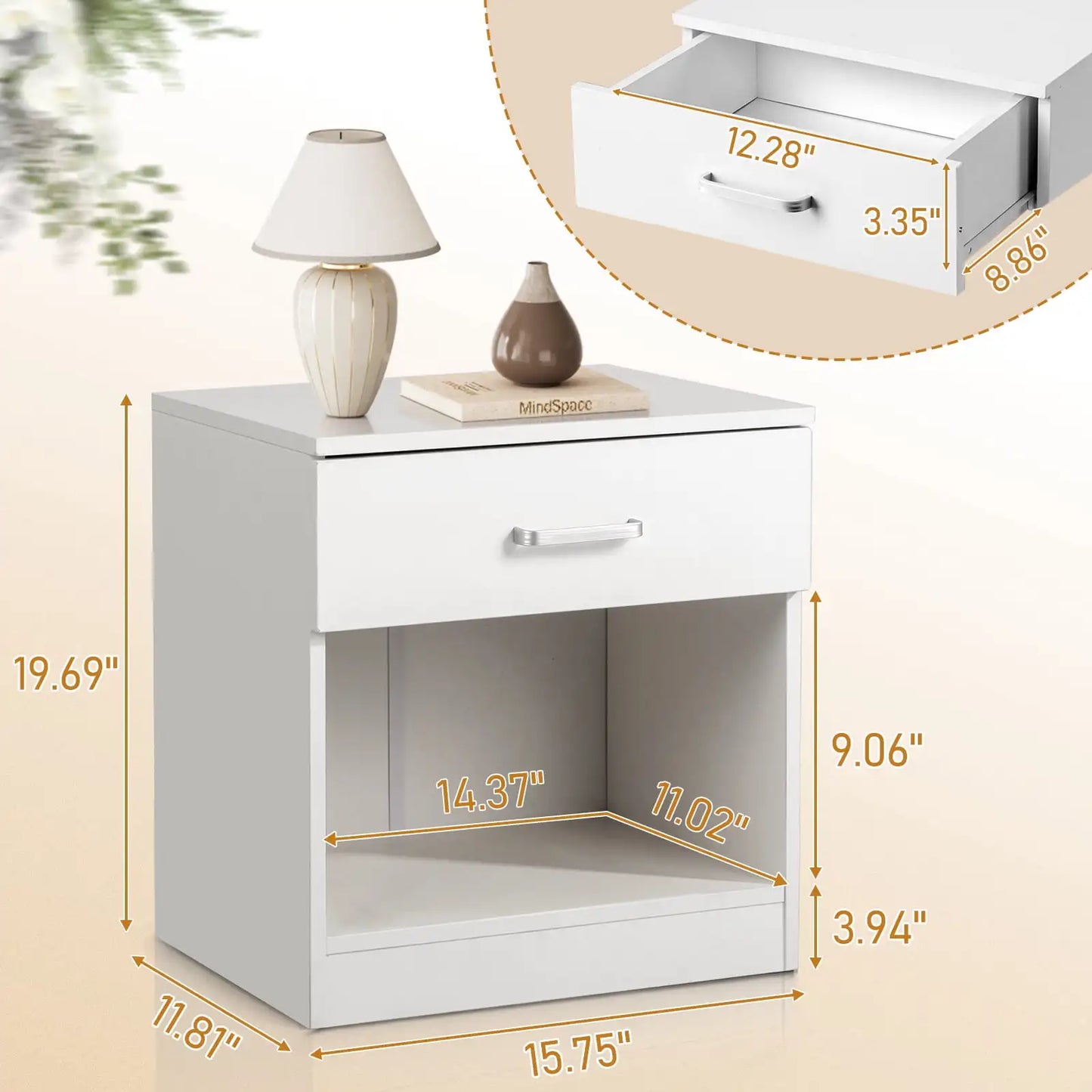White Set Of 2 Wood Elegant Night Stand W/1 Drawer Storage Beside End Table
