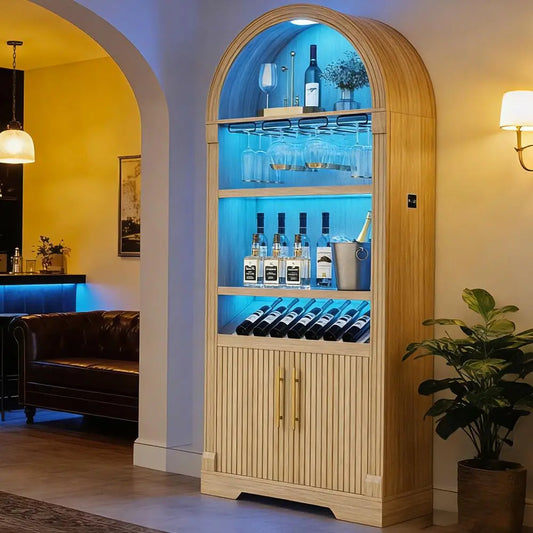 Arched Wine Bar Cabinet With LED Light and Stemware Rack