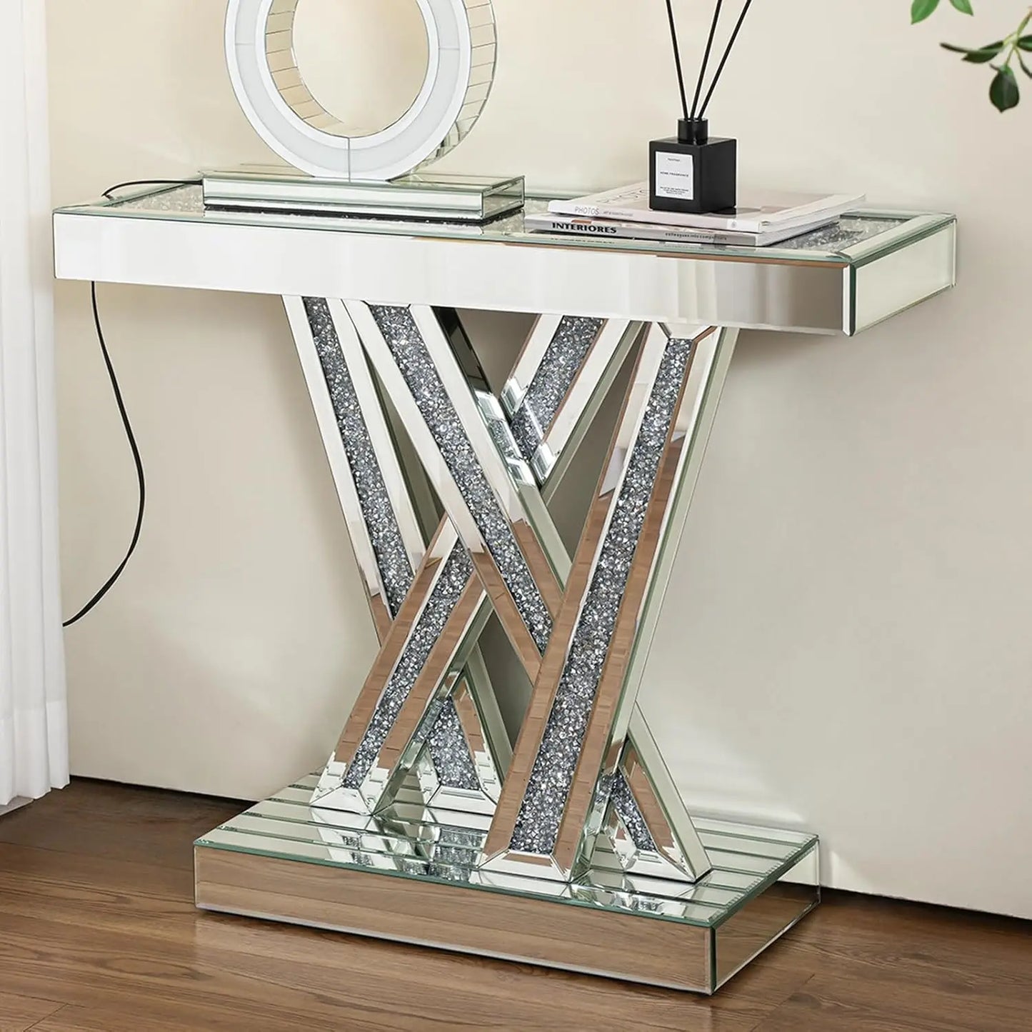 Mirrored Console Table With Crystal Accents Modern Glam Design