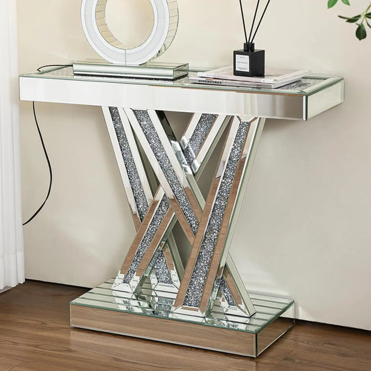 Mirrored Console Table With Crystal Accents Modern Glam Design