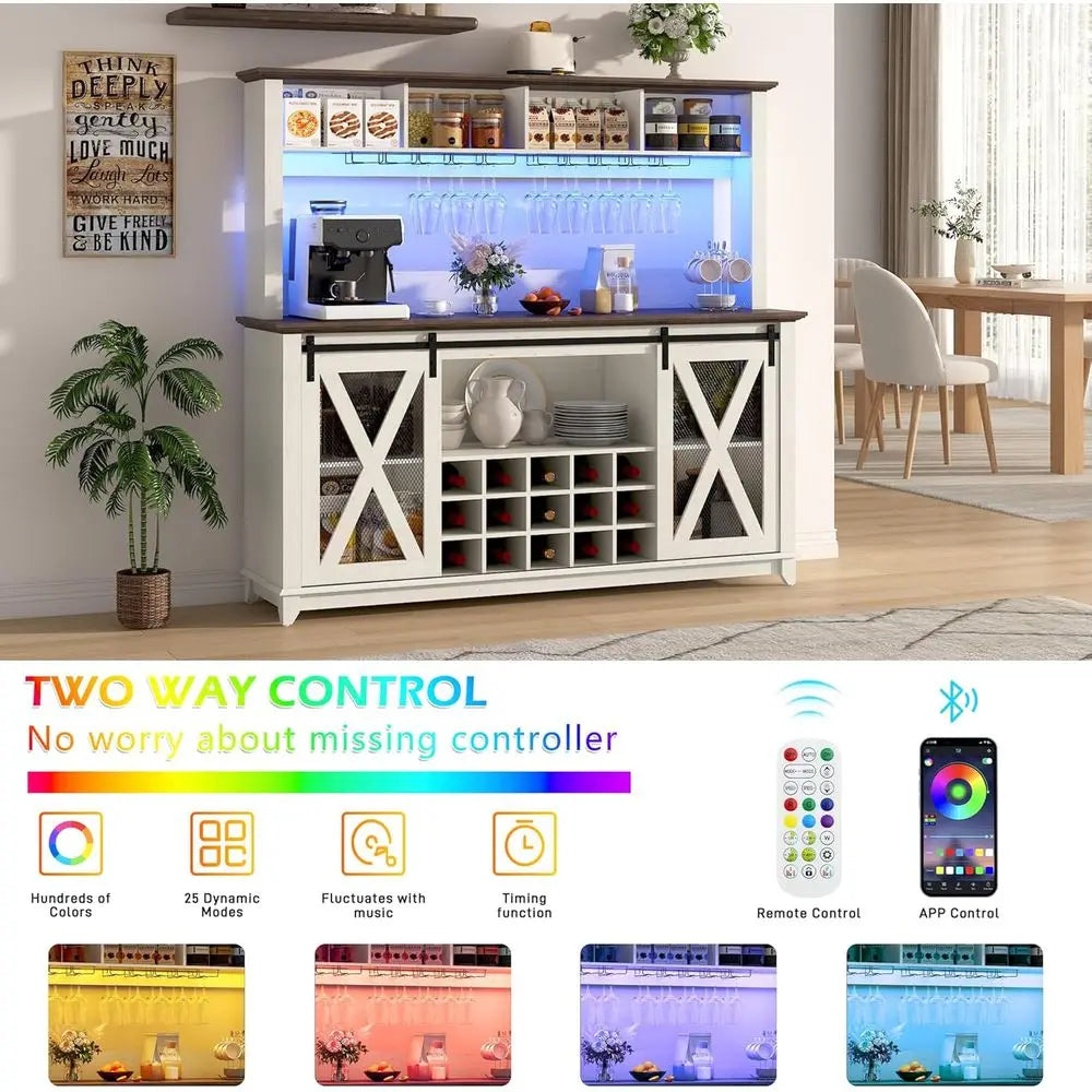 Bar Cabinet With Power Outlet LED Light And Wine Racks