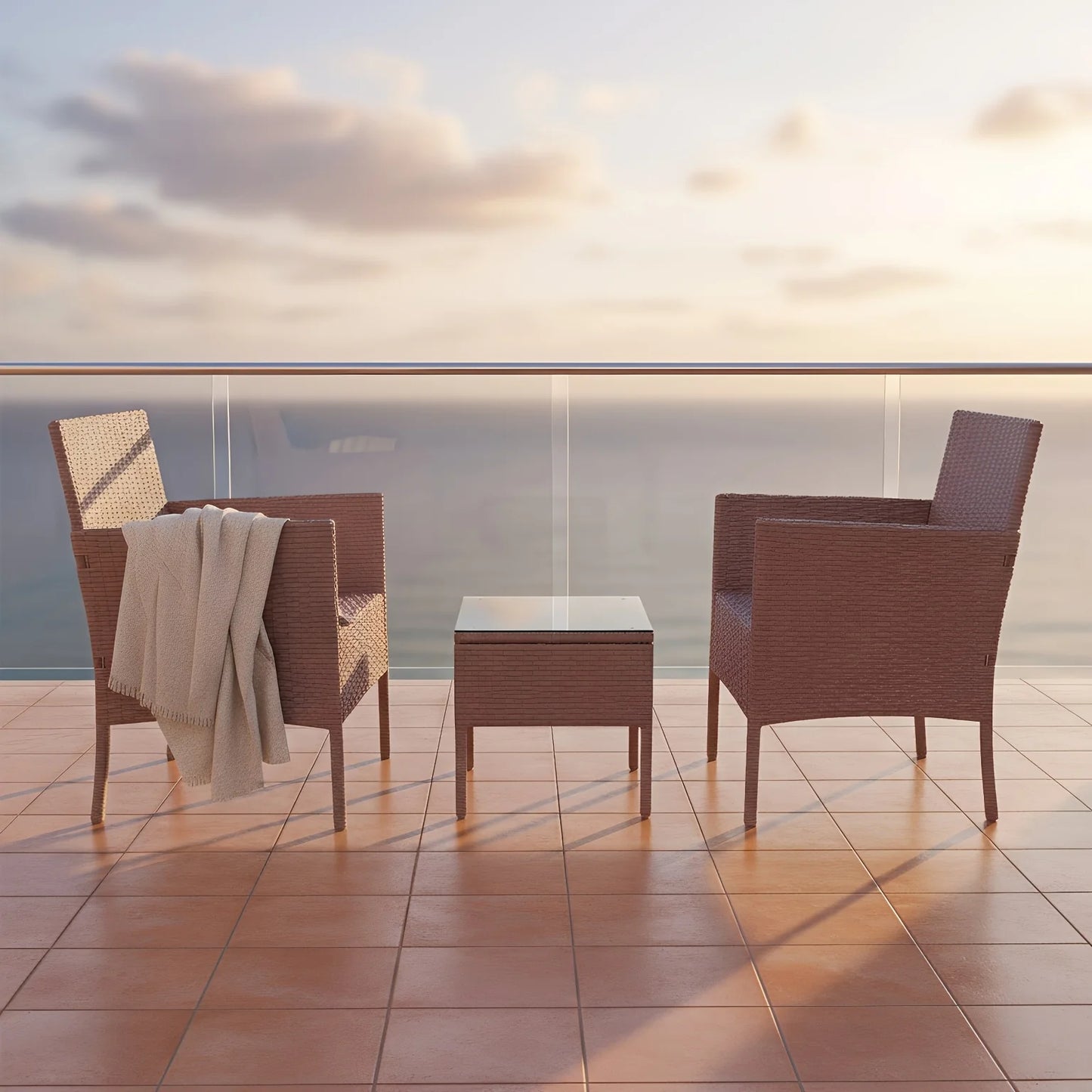 3 Piece Outdoor Rattan Patio Furniture Set With Side Table