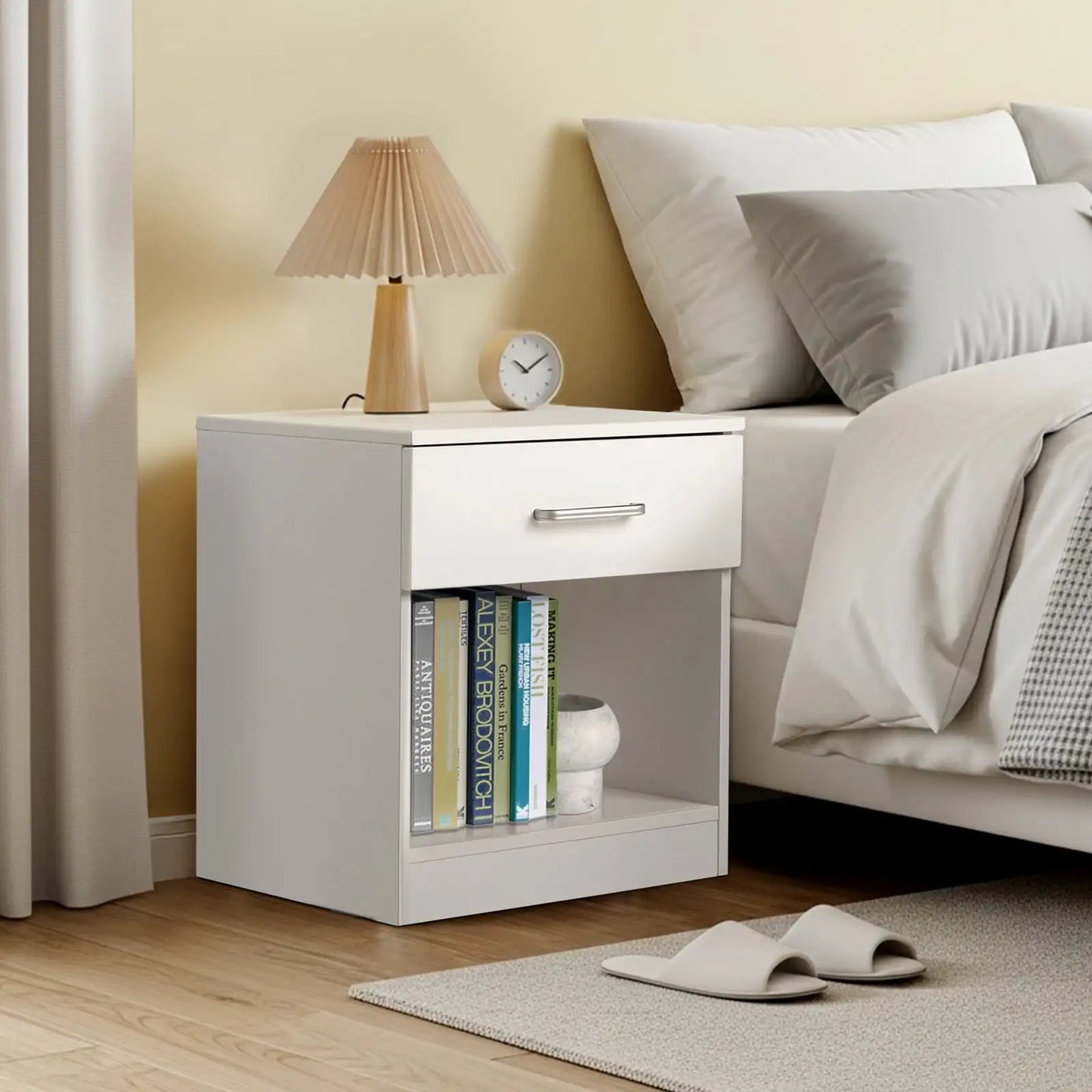 White Set Of 2 Wood Elegant Night Stand W/1 Drawer Storage Beside End Table