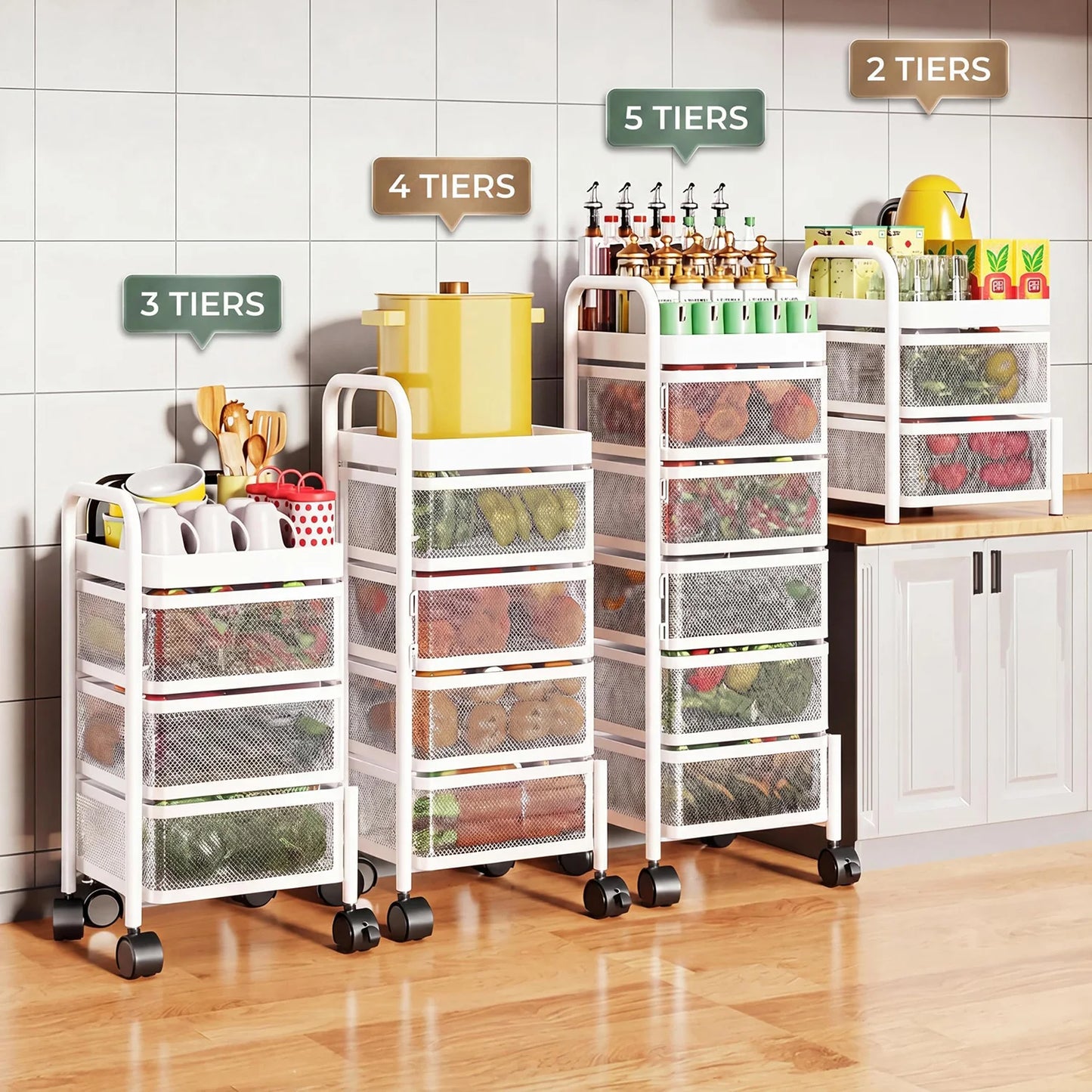 4/5-Tier Thickened Carbon Steel Rotating Storage Cart With Wheels, Mobile Produce Basket Utility Rack Organizer, No Assembly