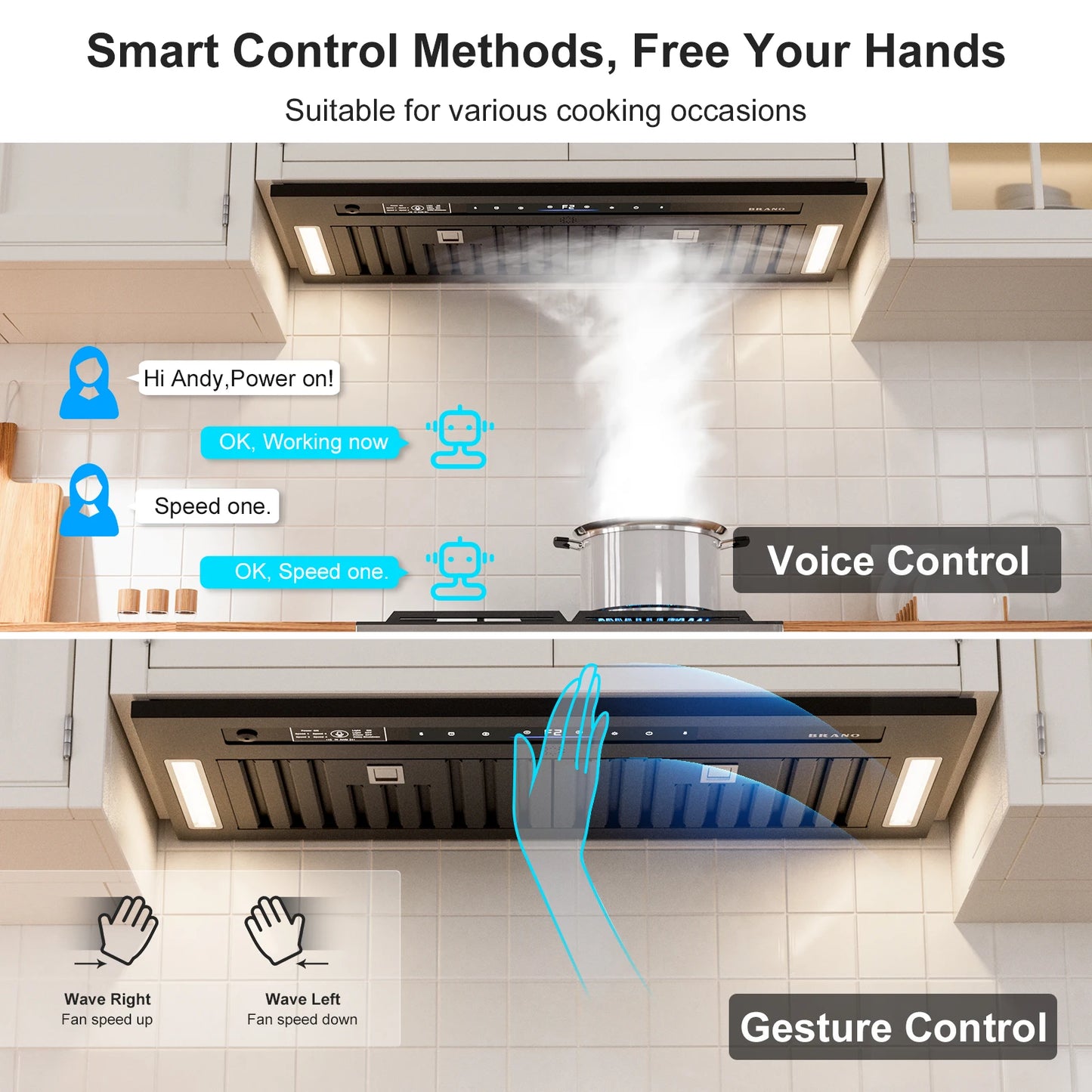 BRANO Range Hood Insert 900 CFM Voice Gesture Touch Control