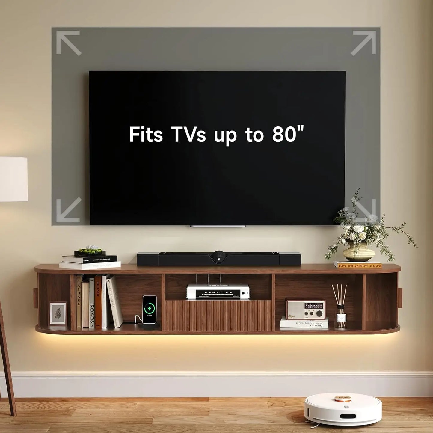Onbrill 70 Inch Smart Floating TV Stand With Walnut Fluted Wood