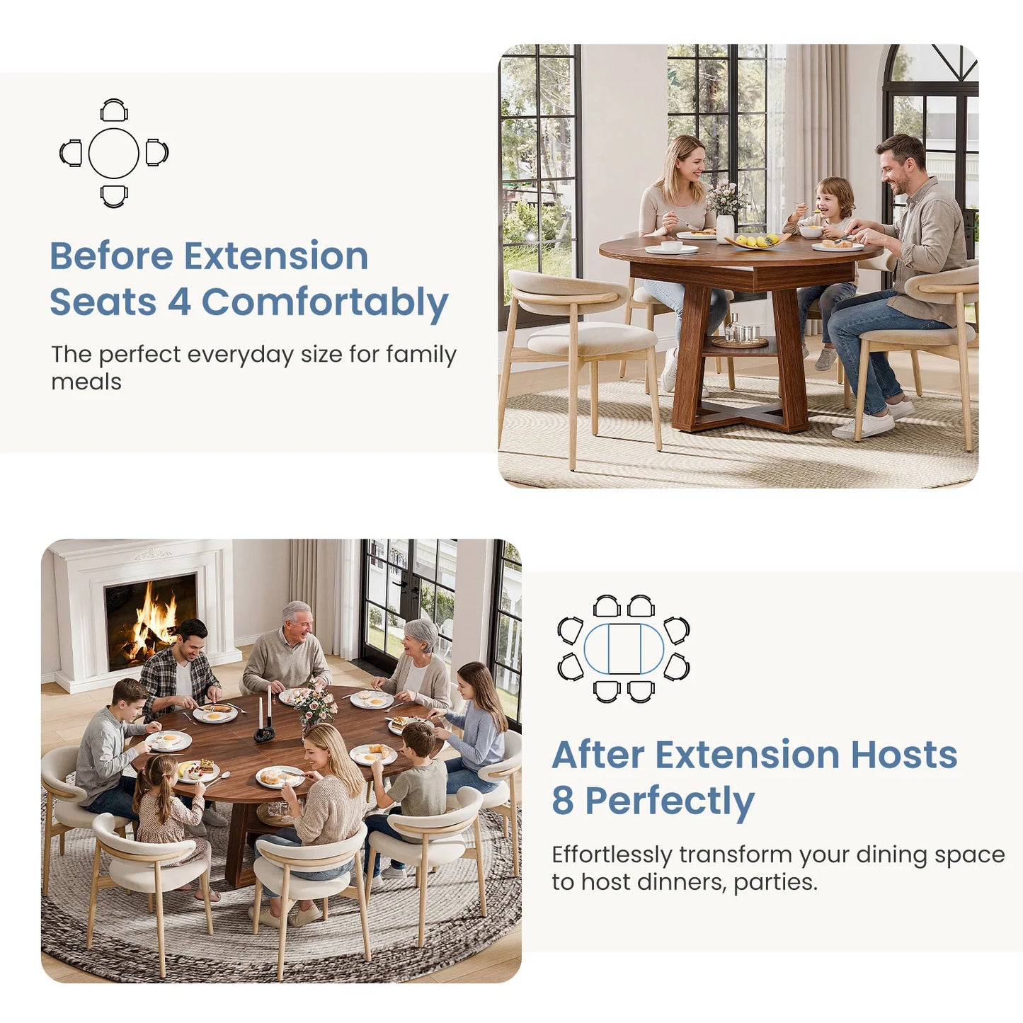 JHK Extendable Round Wood Dining Table With Storage