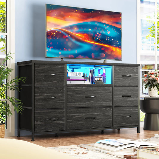 EnHomee 8-Drawer Media Dresser with LED Lighting & Built-in Charging Station - Fabric Storage Cabinet for 55" TVs, Ideal for Bedroom