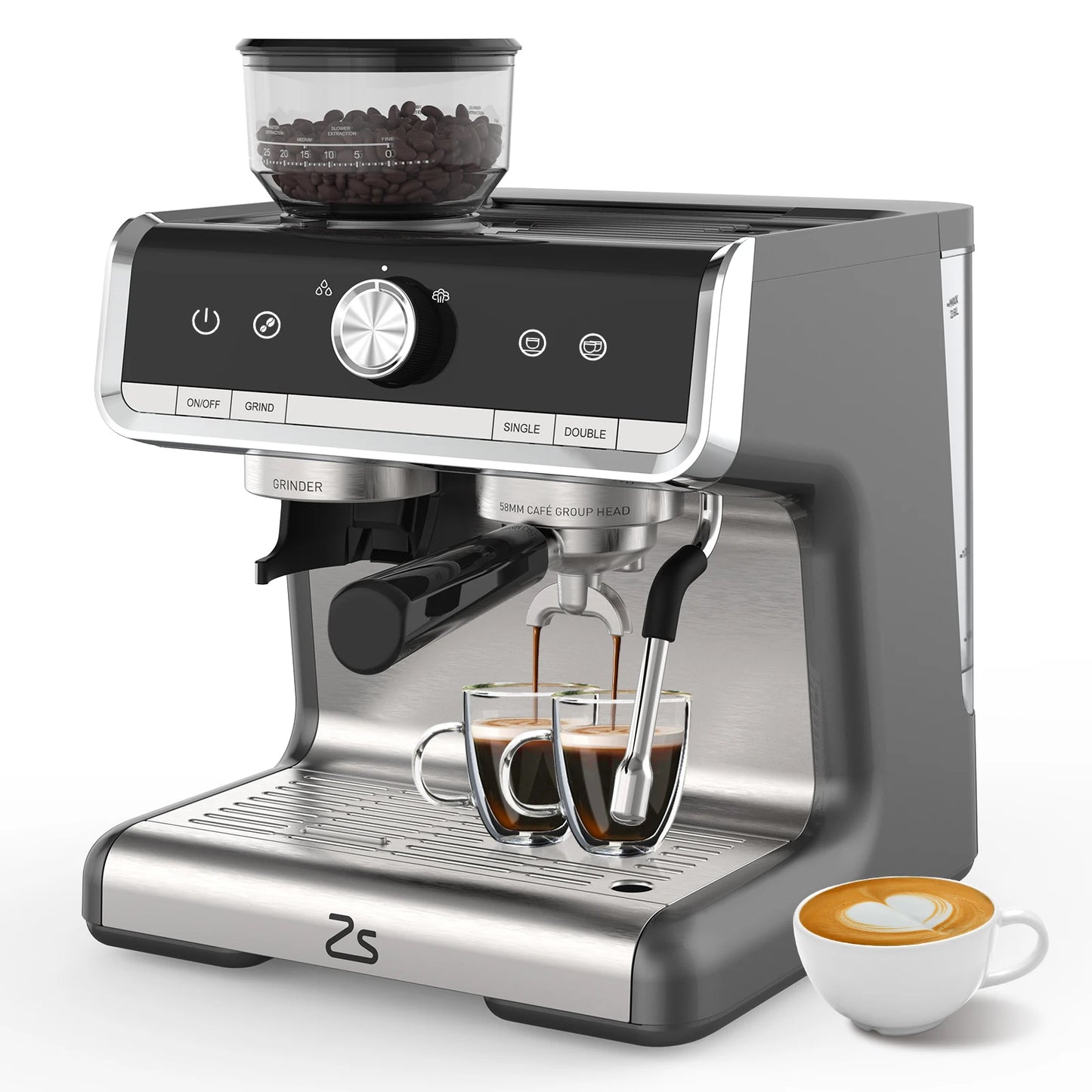 Acekool Espresso Machine With Grinder And Milk Frother Steam Wand 20 Bar