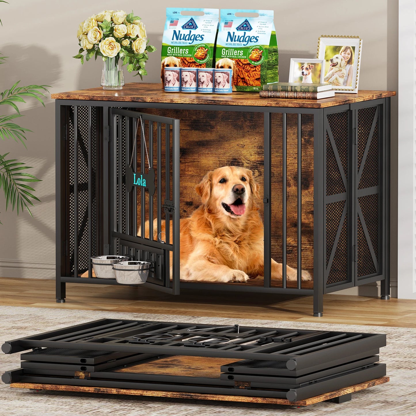 Foldable Wooden Dog Crate Kennel For Indoor Use With Bowls