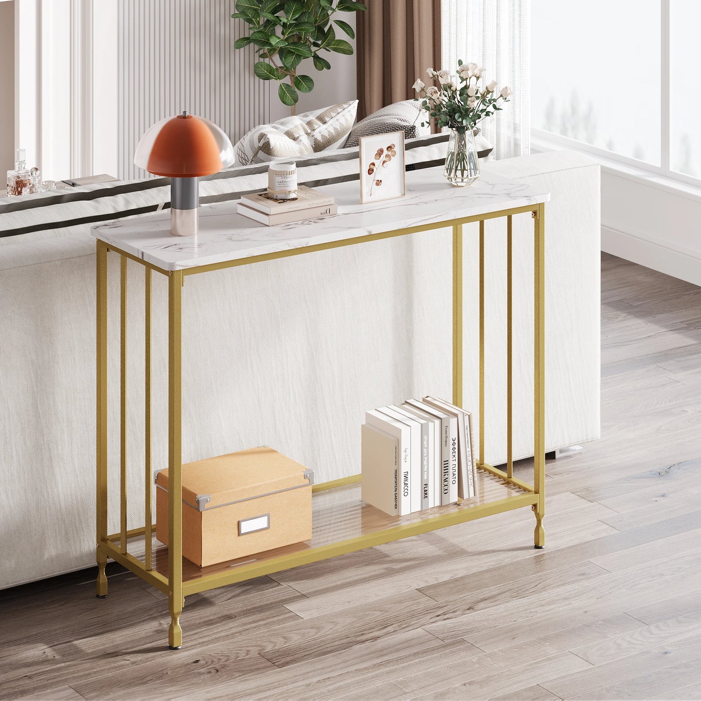 HobbyLane Console Table With Glass Shelf And Metal Frame For Hallway Living Room