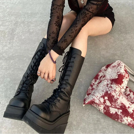DoraTasia Gothic Lace Up Mid Calf Boots With Zipper