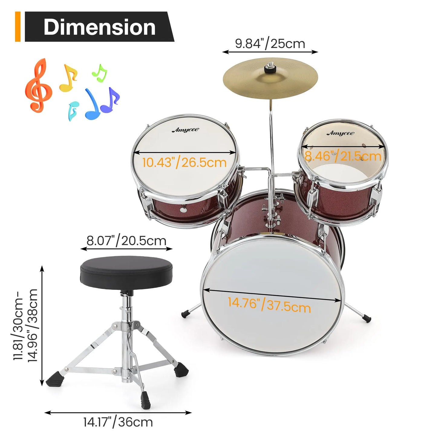 HiMISS Kids 3 Drum Acoustic Drum Set For Beginners