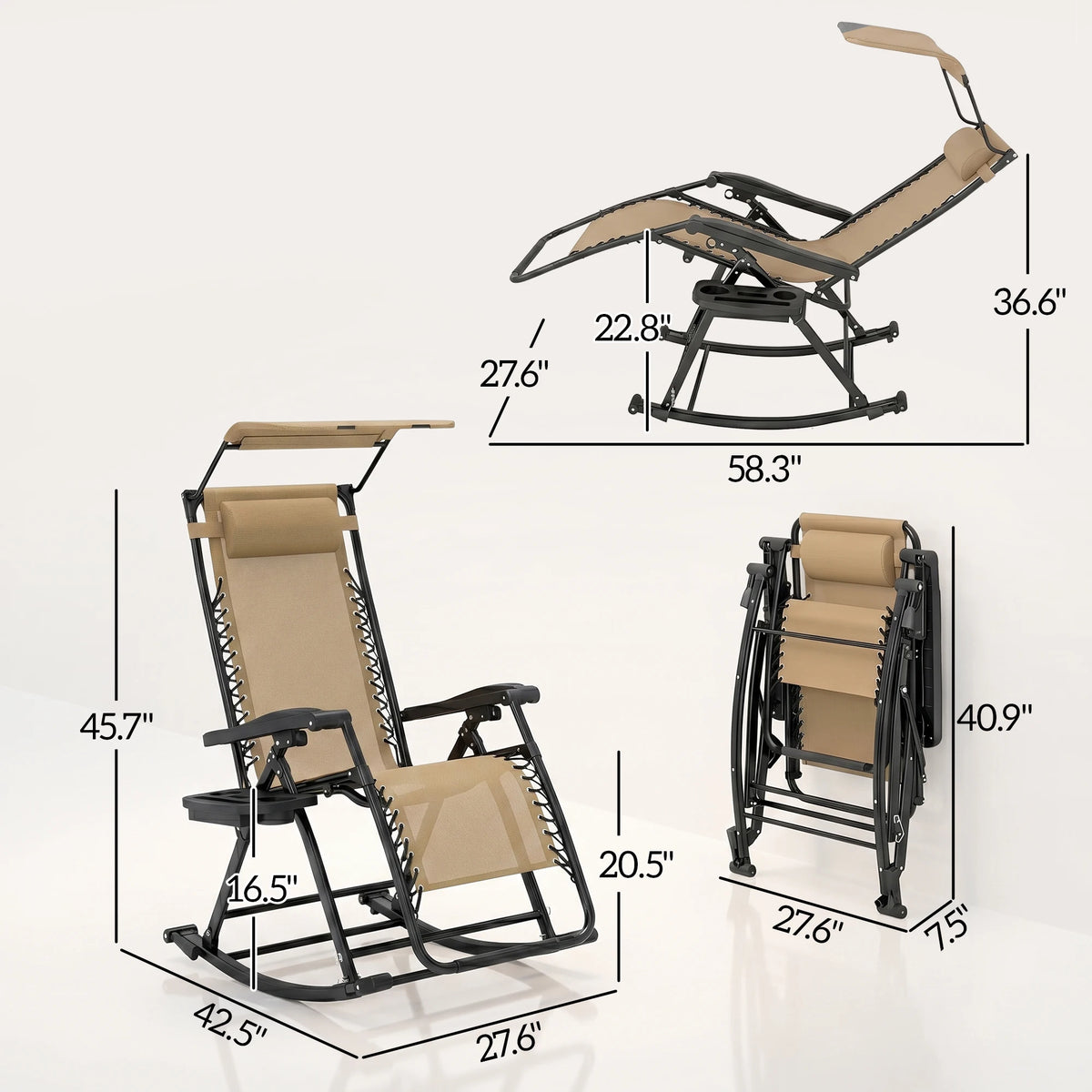 2 Pcs Folding Zero Gravity Reclining Rocking Chair, Pillow, Cup Holder, Beige