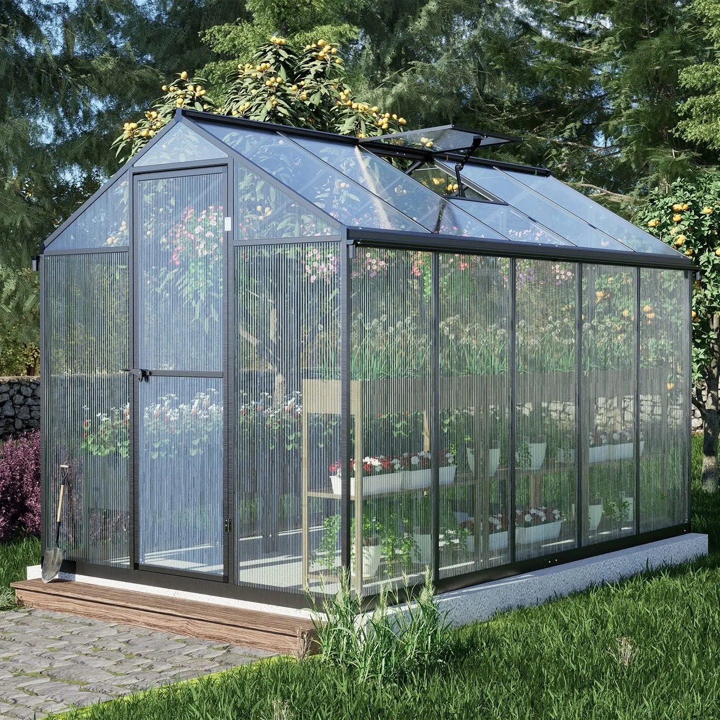 Polycarbonate Greenhouse With Aluminum Frame Walk In Roof Vent