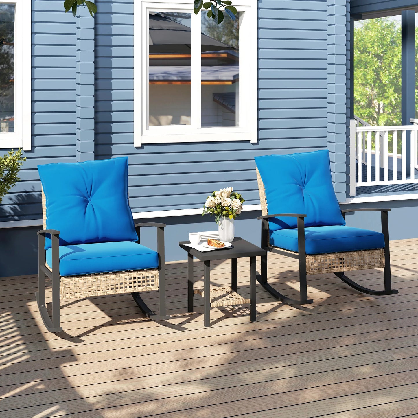 Outsunny 3 Piece Metal Rattan Bistro Set With Rocking Chairs And Coffee Table Dark Blue