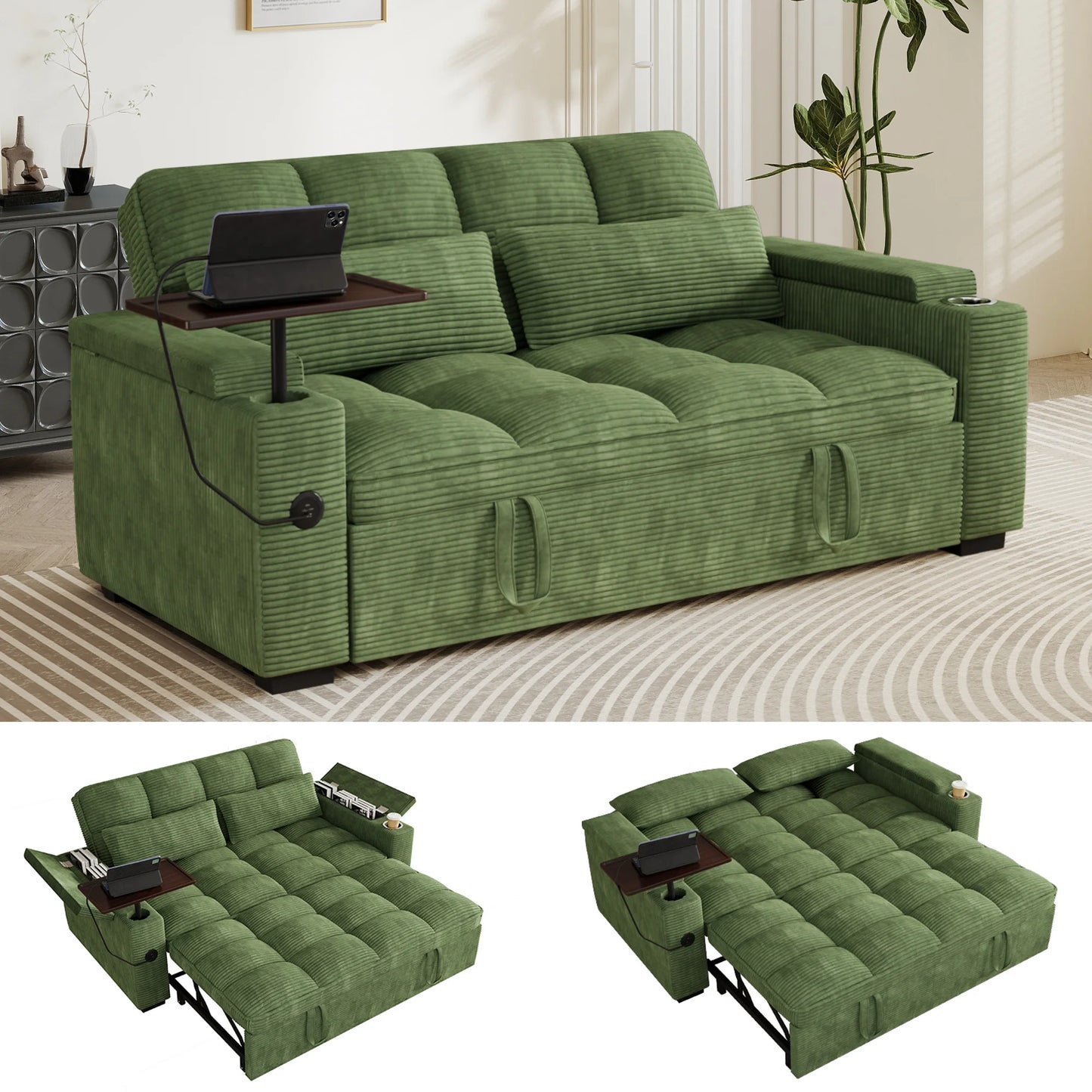 65 Inch Foldable Sofa Bed With Swivel Table And USB Charging