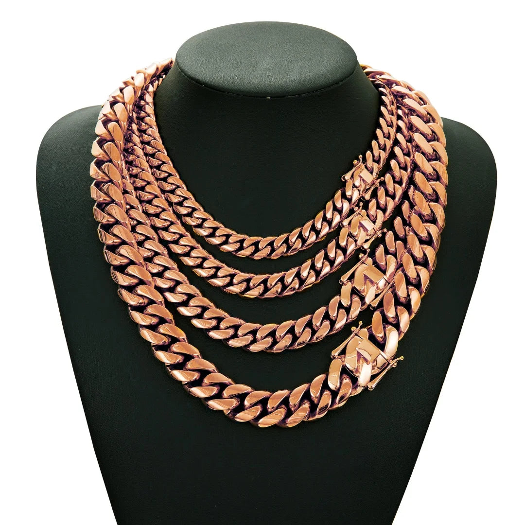 14-22mm Hip Hop Bling Rose Gold Color 316L Stainless Steel Dense Cuban Miami Link Chain Necklaces for Unisex Rapper Jewelry(1PC)