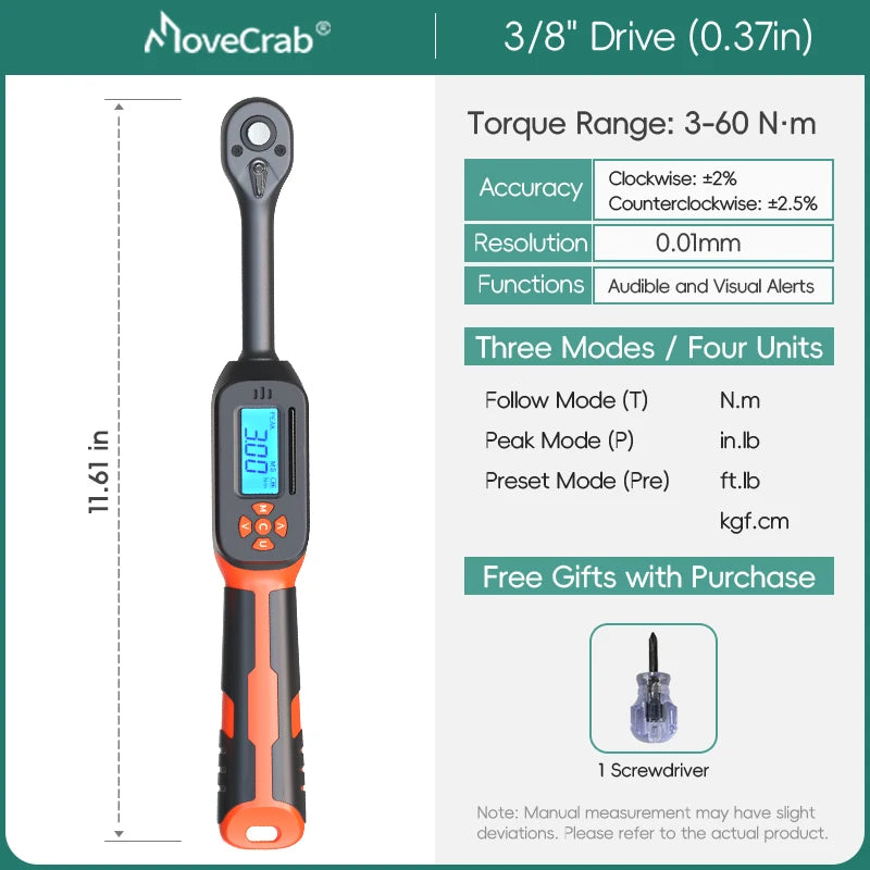 MOVECRAB 1/2 3/8-inch Drive Digital Torque Wrench 3-340N.m/2.2-250.8ft-lb Preset with LED/Buzzer Alerts for for Bike Motorcycles Automotive Mechanical