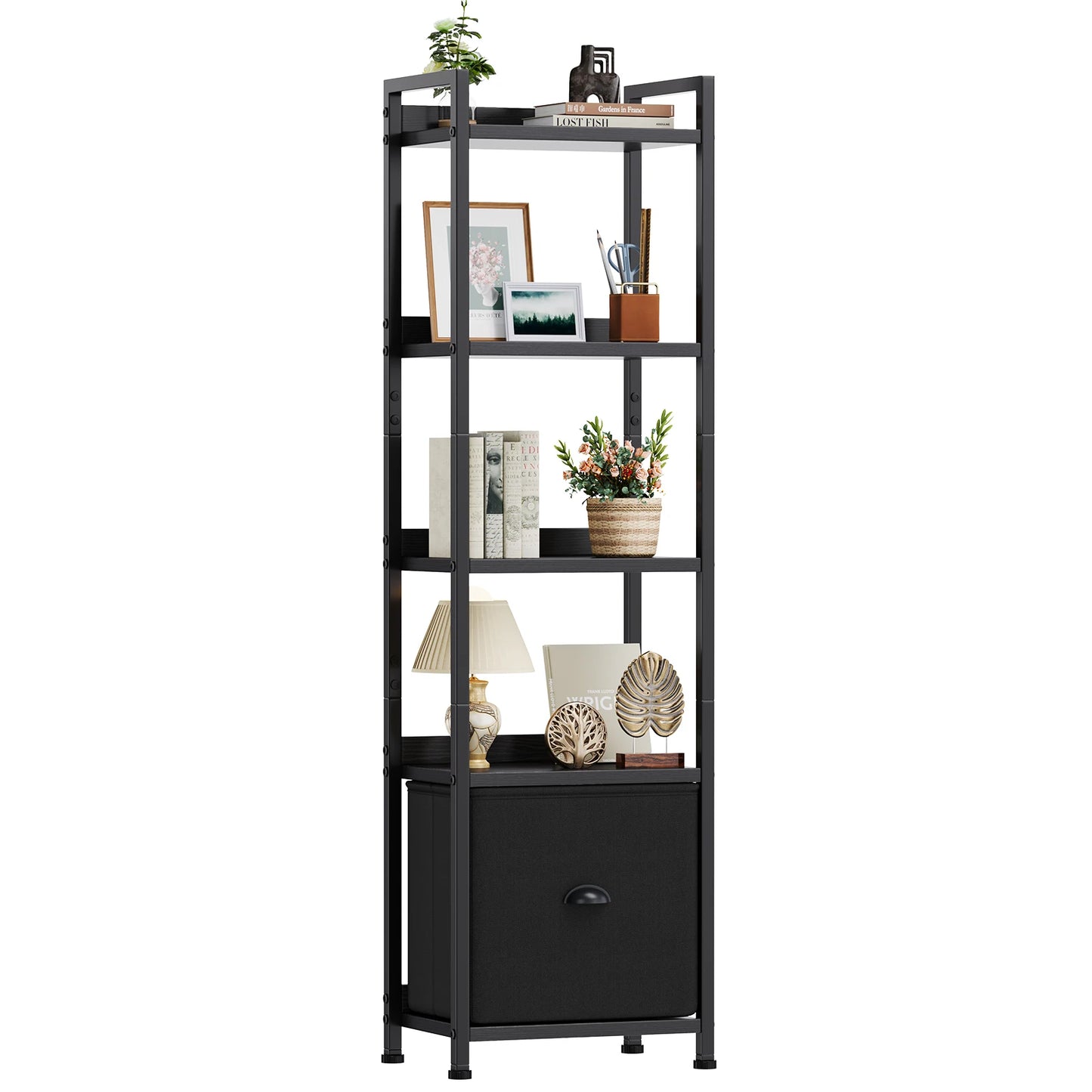 MCQ 5 Tier Metal And Wood Bookshelf With Fabric Drawers