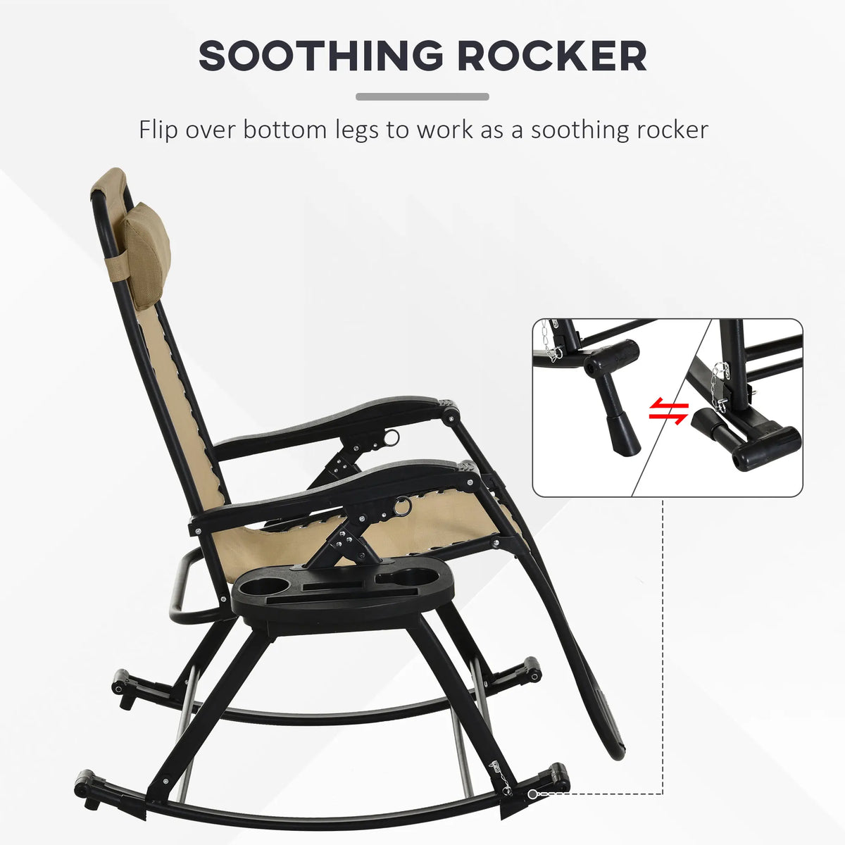 2 Pcs Folding Zero Gravity Reclining Rocking Chair, Pillow, Cup Holder, Beige