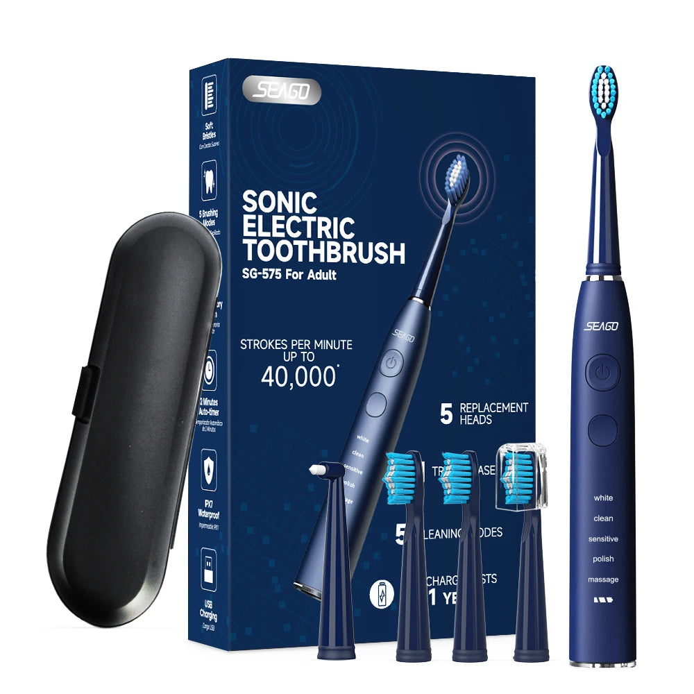 Seago Sonic Electric Toothbrush With 5 Modes And 5 Heads Travel Box