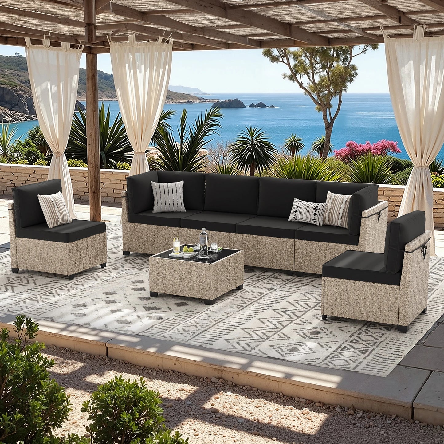 Outdoor Rattan Patio Furniture Set With Glass Table All Weather