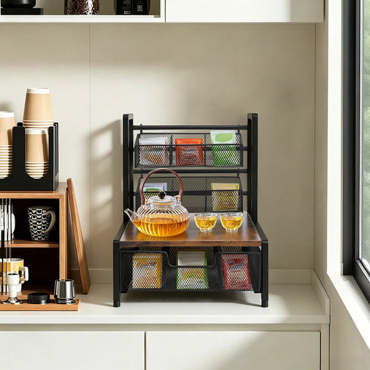 Tea Bag Organizer 3-Tier Countertop Storage Holder with 2 Wire Baskets & Drawer Industrial Rustic Metal Wood Frame for Coffee Pods Sugar Packets Spices