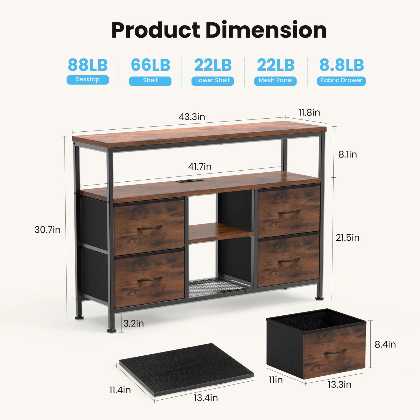 JHK Four Drawers TV Stand With LED Lights And Outlets