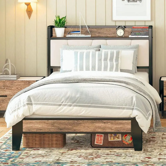LIKIMIO Twin Bed Frame Storage Headboard With Charging