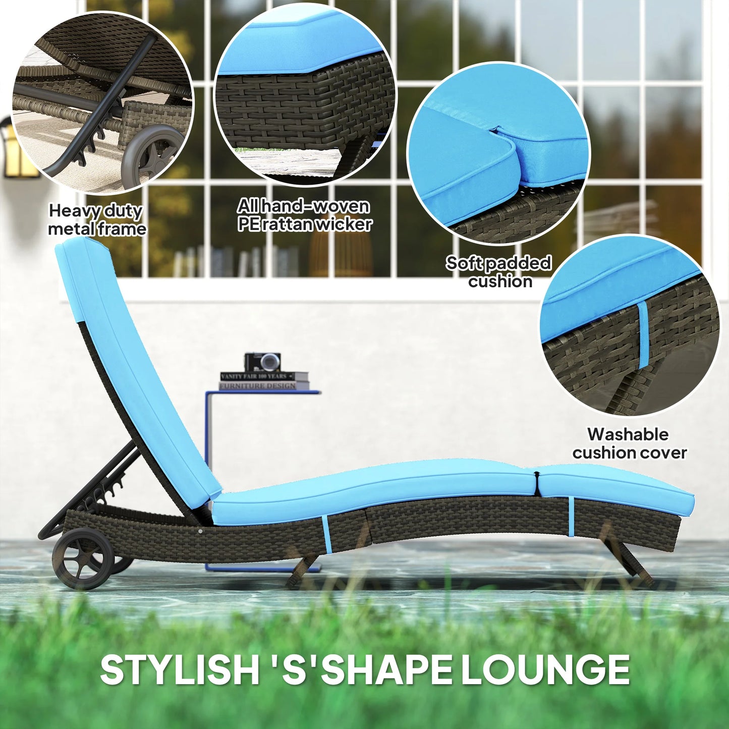 Outdoor Reclining Lounge Chair With Wheels For Patio And Garden