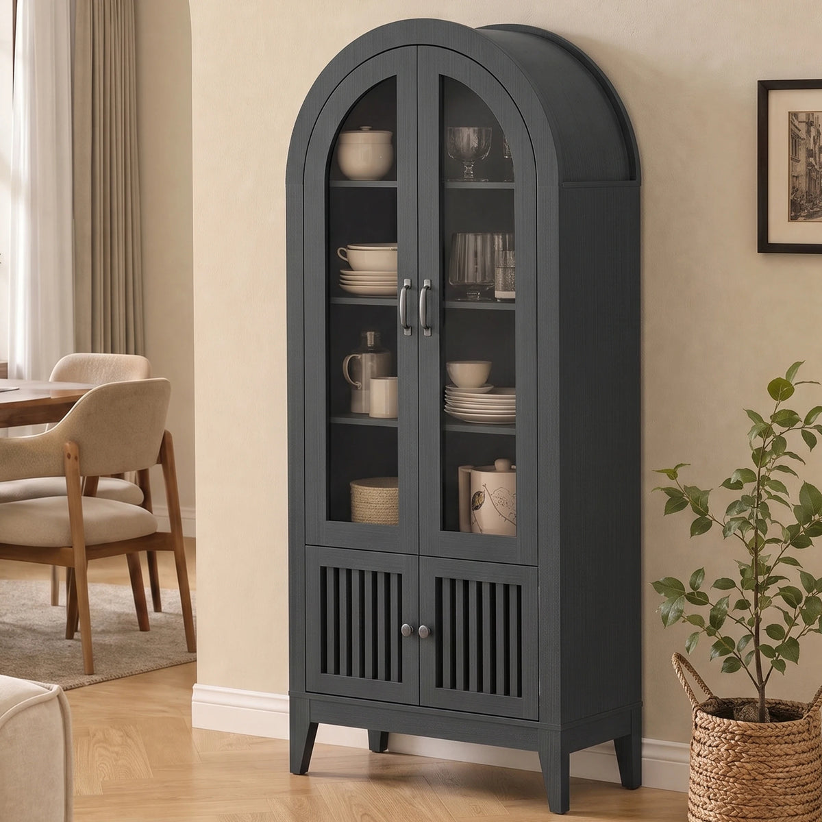 TCGBKAF Arched Kitchen Pantry Cabinet With Glass Door And Shelves