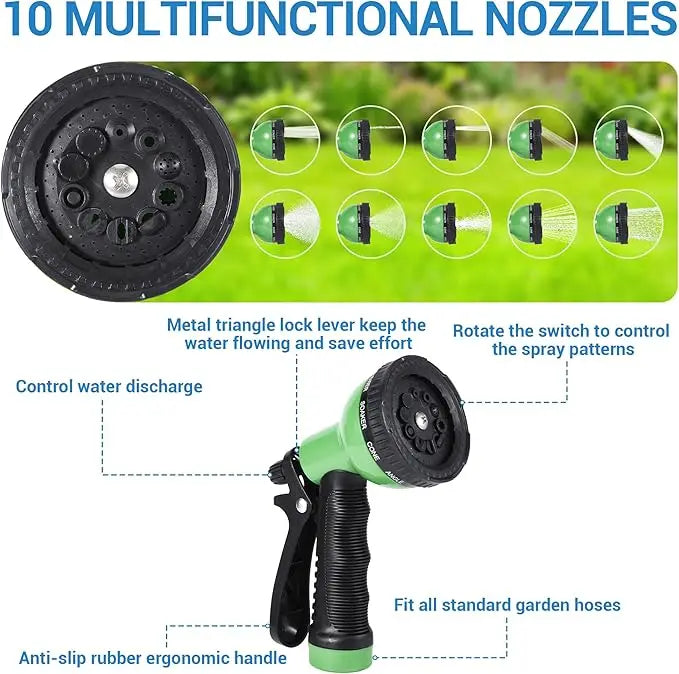 25Ft-150Ft Heavy Duty Stainless Steel Garden Hose with 10-Function Nozzle, No-Kink, Rust-Proof, Flexible & Lightweight Metal Water Hose Solid Brass 3/4'' Connectors for Yard, Outdoor, Car Washing
