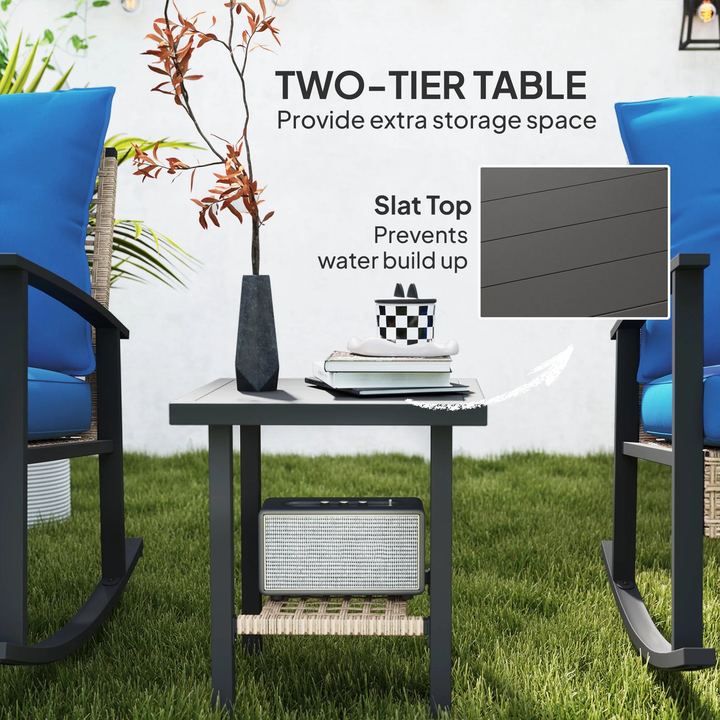 Outsunny 3 Piece Metal Rattan Bistro Set With Rocking Chairs And Coffee Table Dark Blue