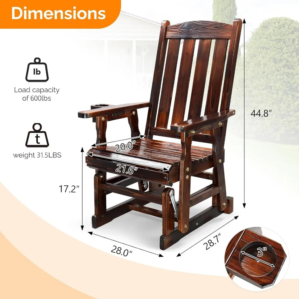 Outdoor Wooden Patio Glider Chair Cup Holder Smooth Rocking Rustic
