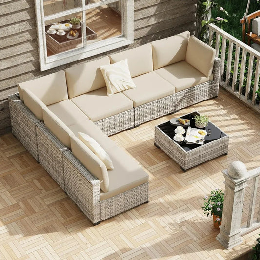 Seven Piece All Weather PE Rattan Modular Sectional Patio Set