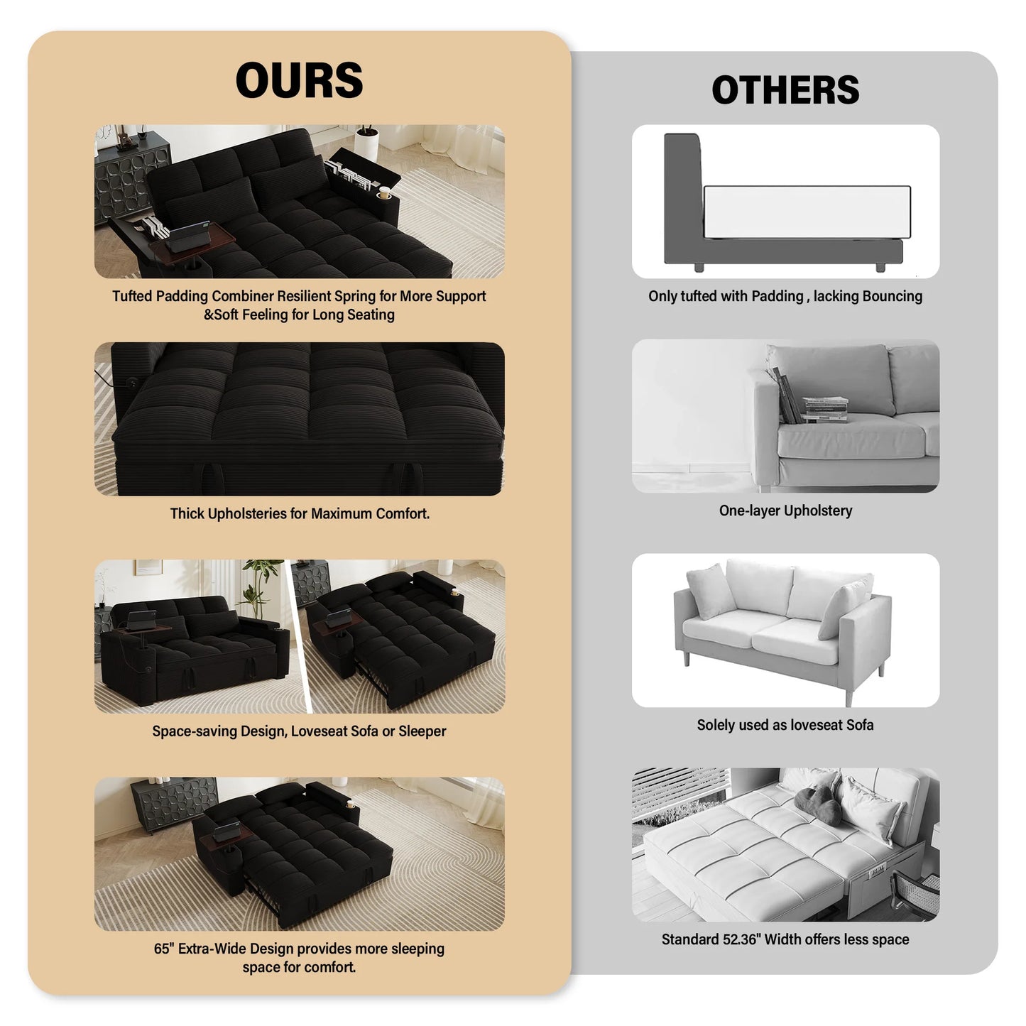 65 Inch Foldable Sofa Bed With Swivel Table And USB Charging