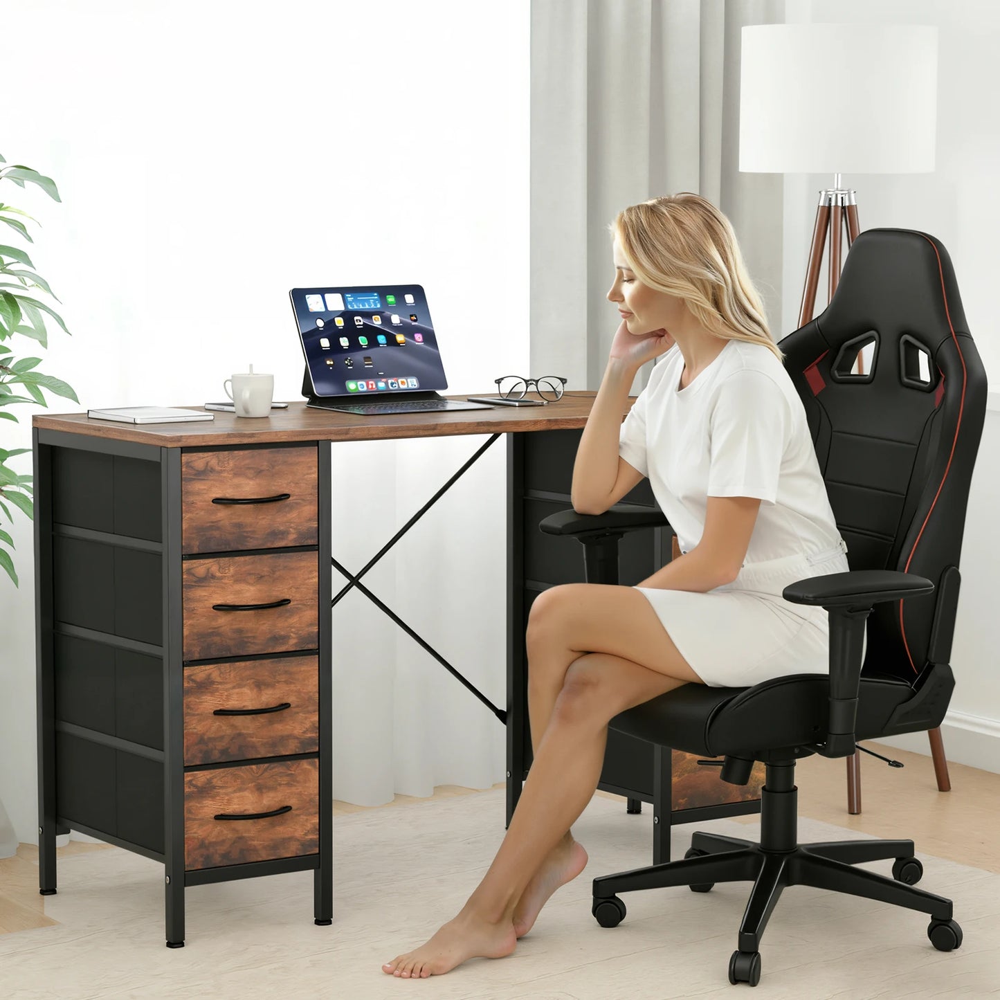 JHK Office Desk With 8 Fabric Drawers And X-Shaped Reinforcement