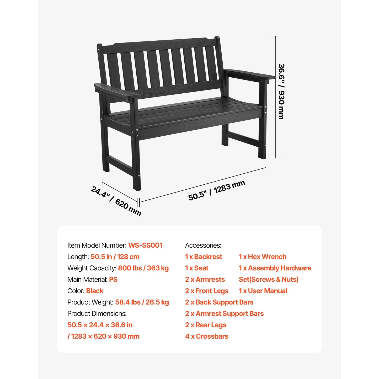 SucceBuy Outdoor Bench Wooden Metal Garden Bench for Outdoors 480 lbs Load Capacity Bench Outdoor Garden Park Bench