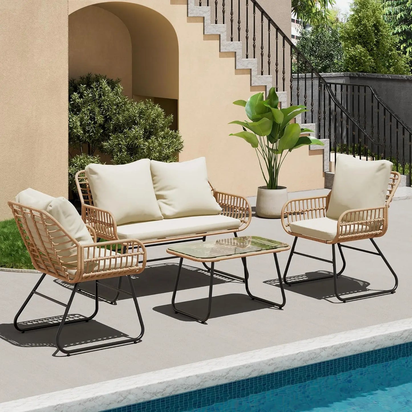 All Weather Rattan 4 Piece Patio Furniture Set With Cushions